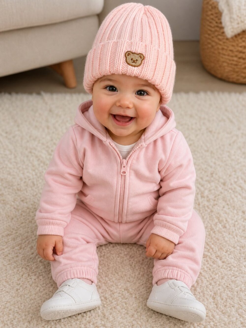 Soft Pink Ribbed Knit Baby Beanie with Bear Patch